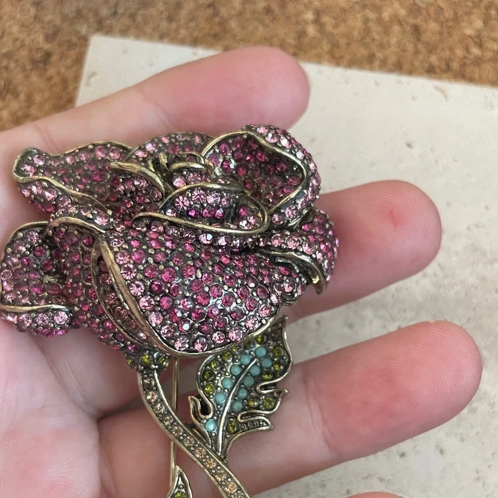Heidi Daus Pink and Green Rose Brooch